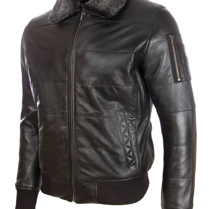 Men's Quilted Black Leather Bomber Jacket With Sherpa Collar