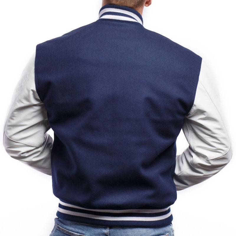 Royal Blue & White Leather Sleeves Varsity Jacket