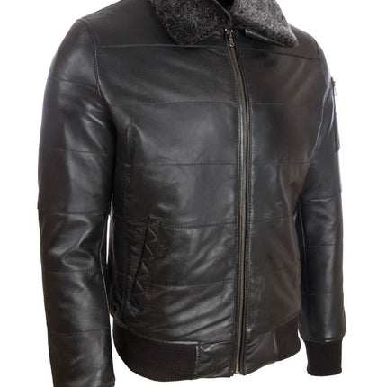 Men's Quilted Black Leather Bomber Jacket With Sherpa Collar