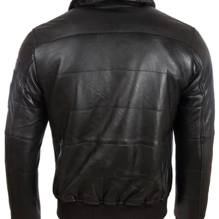 Men's Quilted Black Leather Bomber Jacket With Sherpa Collar