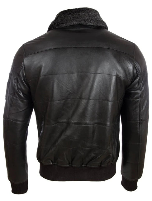 Men's Quilted Black Leather Bomber Jacket With Sherpa Collar