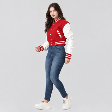 Women's Red Wool Body and White Leather Sleeves Cropped Letterman Jacket