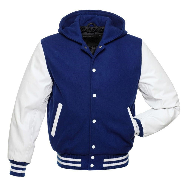 Blue Hoodie Varsity Jacket With White Leather Sleeves