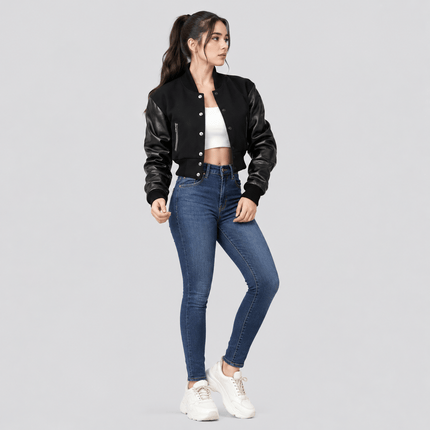Women's Triple Black Wool Body and Leather Sleeves Cropped Varsity Jacket
