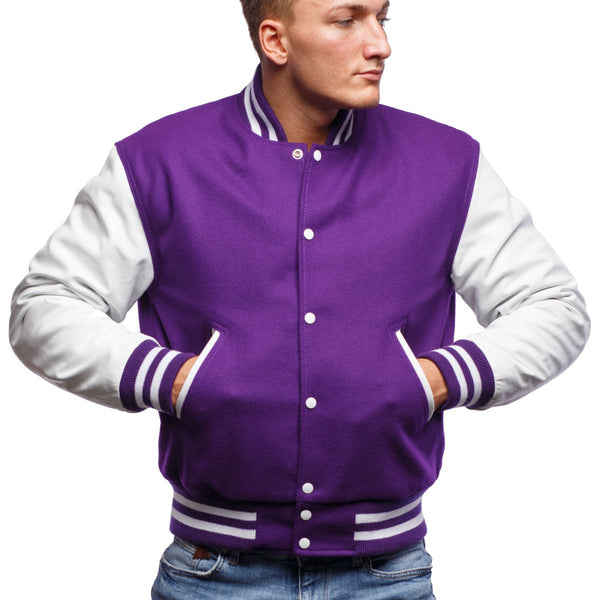 Purple & White Leather Sleeves Varsity Jacket