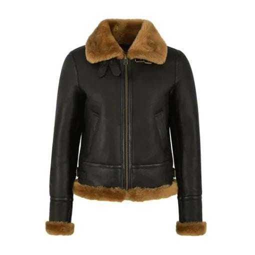Women's Black Leather RAF Shearling Aviator Jacket