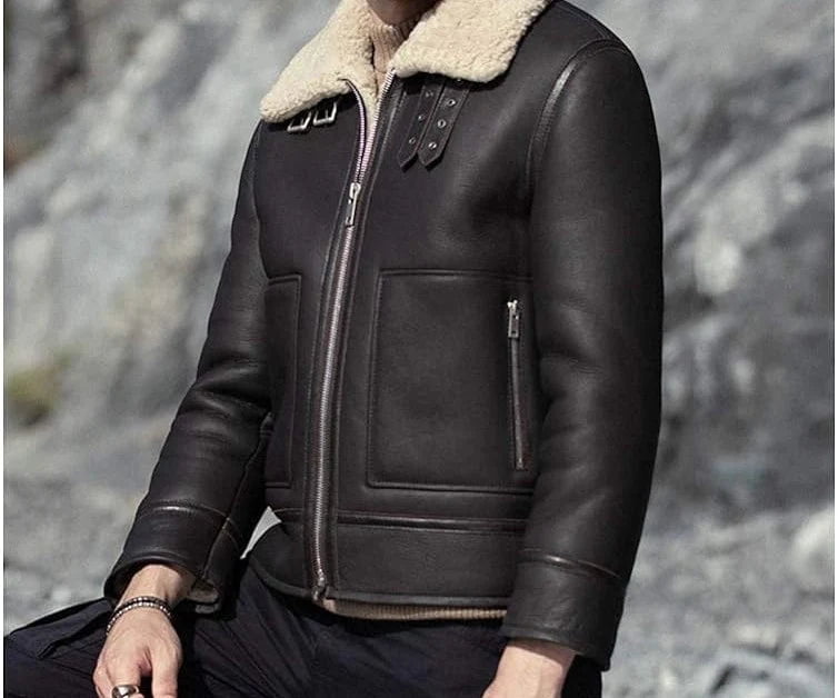 Black Leather RAF Aviator Shearling Jacket Men's