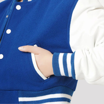 Women's Royal Blue Wool Body and White Leather Sleeves Cropped Letterman Jacket