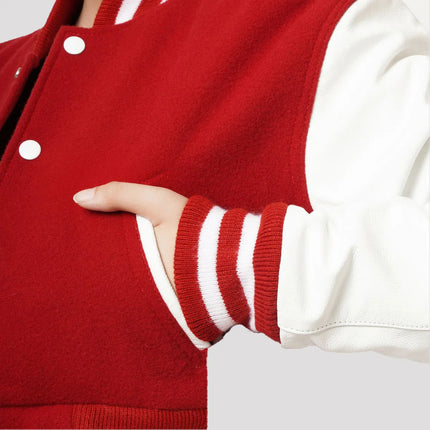 Women's Red Wool Body and White Leather Sleeves Cropped Letterman Jacket