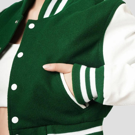 Women's Green Wool Body and White Leather Sleeves Cropped Letterman Jacket