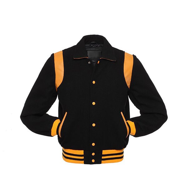 Black Wool Varsity Jacket With yellow Shoulder Inserts