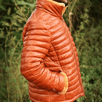 Cognac Mens Leather Puffer Jacket with Fur Lining