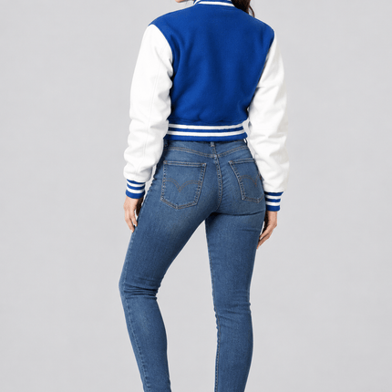 Women's Royal Blue Wool Body and White Leather Sleeves Cropped Letterman Jacket