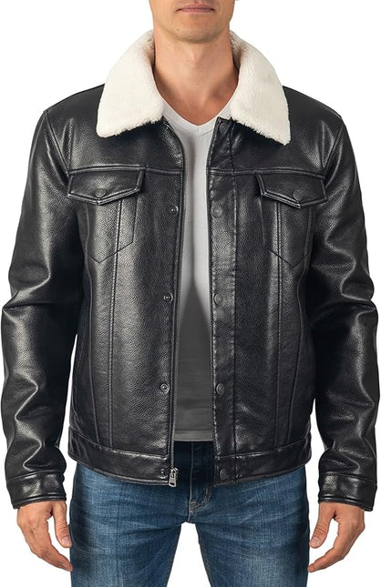 Men's Black Leather Trucker Jacket with Shearling Collar