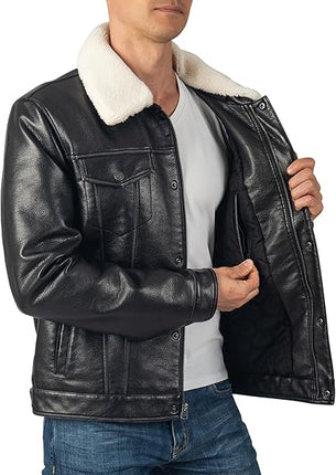 Men's Black Leather Trucker Jacket with Shearling Collar