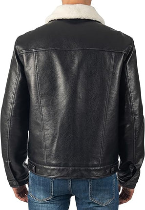 Men's Black Leather Trucker Jacket with Shearling Collar