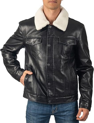 Men's Black Leather Trucker Jacket with Shearling Collar