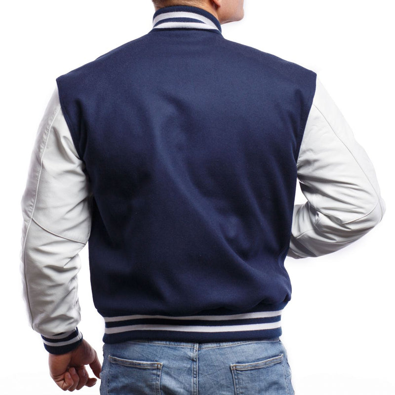 Royal Blue & White Leather Sleeves Varsity Jacket
