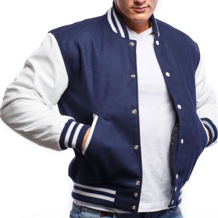Royal Blue & White Leather Sleeves Varsity Jacket
