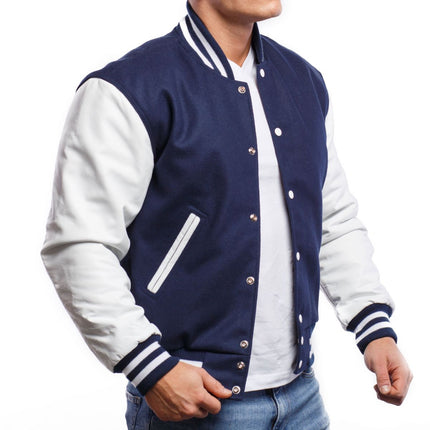 Royal Blue & White Leather Sleeves Varsity Jacket