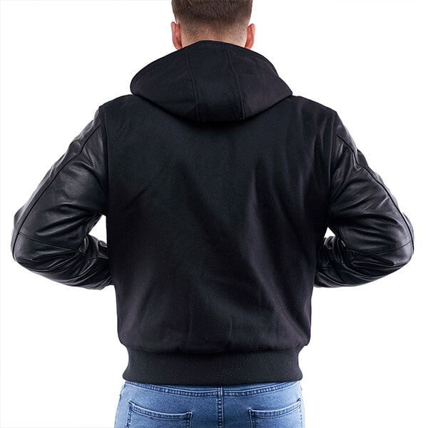 Triple Black Leather Sleeves Hoodie Varsity Jacket