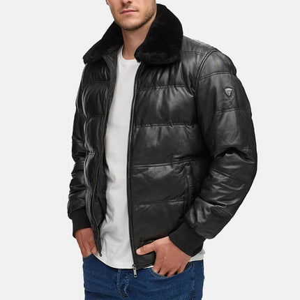 Black Quilted Leather Jacket Down Puffer with Fur Collar