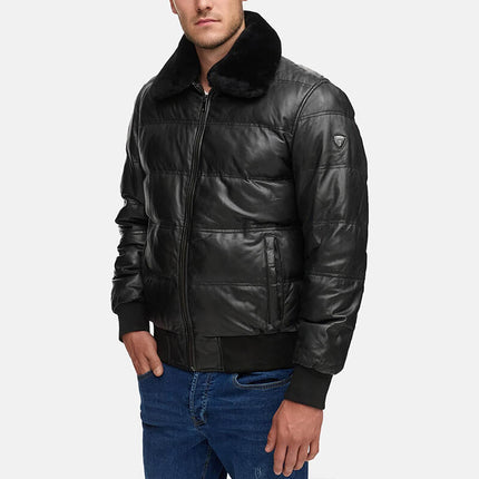 Black Quilted Leather Jacket Down Puffer with Fur Collar
