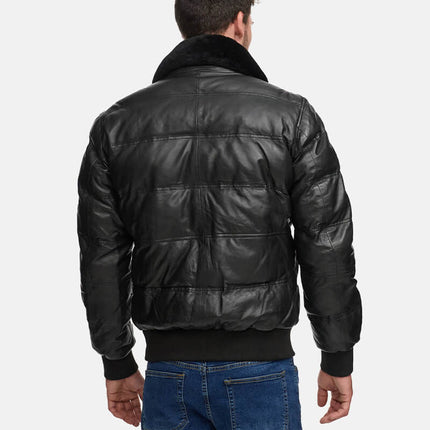 Black Quilted Leather Jacket Down Puffer with Fur Collar