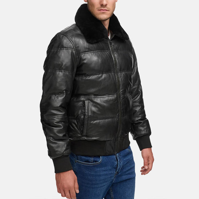 Black Quilted Leather Jacket Down Puffer with Fur Collar
