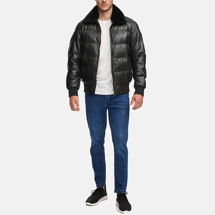 Black Quilted Leather Jacket Down Puffer with Fur Collar