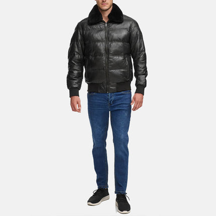 Black Quilted Leather Jacket Down Puffer with Fur Collar