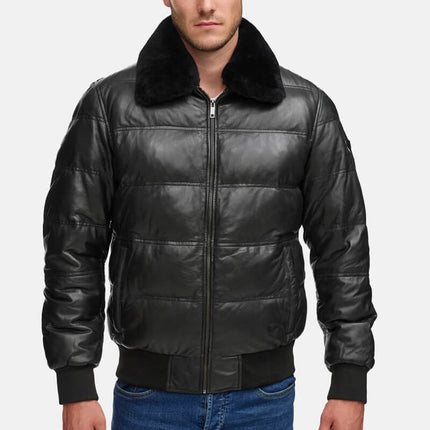 Black Quilted Leather Jacket Down Puffer with Fur Collar