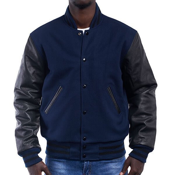 Blue Wool & Black Leather Sleeves Varsity Jacket