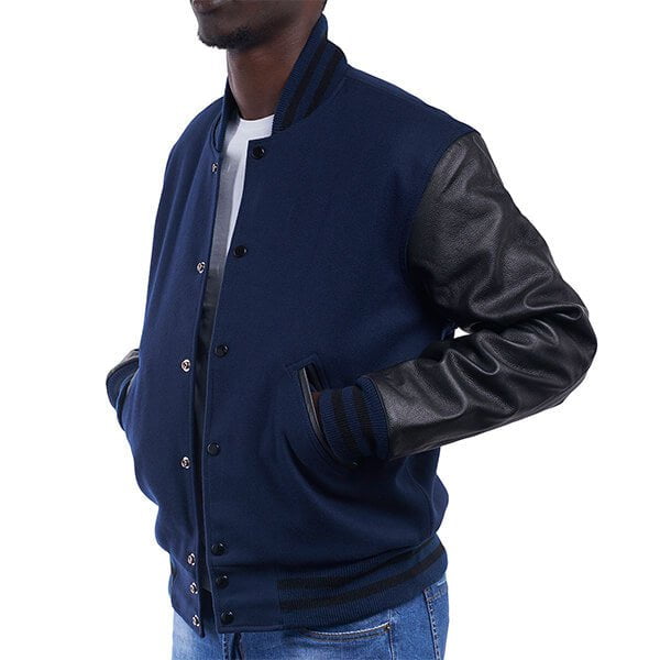 Blue Wool & Black Leather Sleeves Varsity Jacket