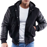 Triple Black Leather Sleeves Hoodie Varsity Jacket