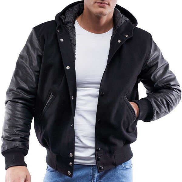 Triple Black Leather Sleeves Hoodie Varsity Jacket