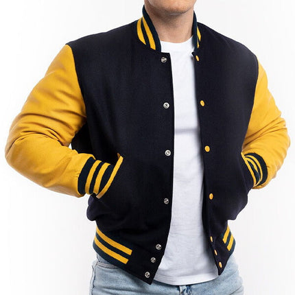 Black Wool & Yellow Sleeves Leather Letterman Jacket