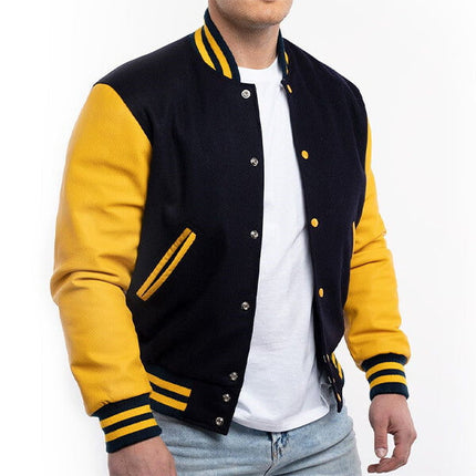 Black Wool & Yellow Sleeves Leather Letterman Jacket