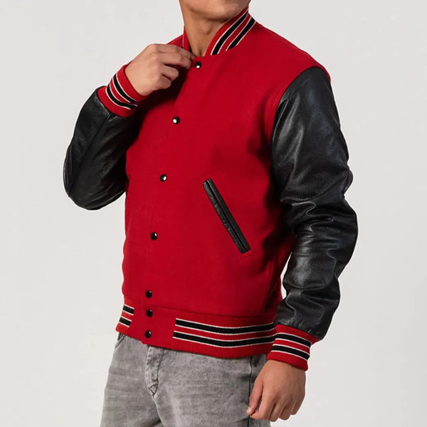 Red Wool Varsity Jacket with Black Leather Sleeves