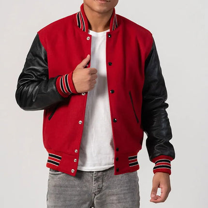 Red Wool Varsity Jacket with Black Leather Sleeves