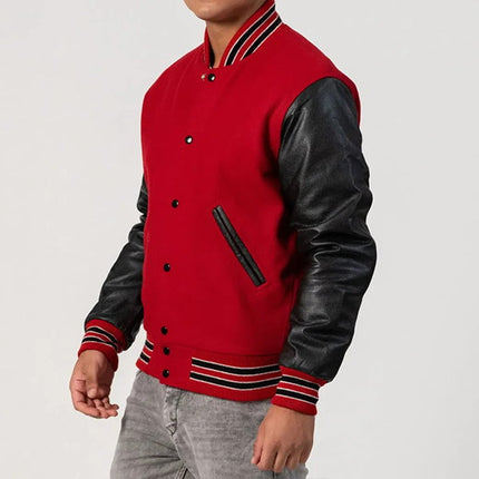 Red Wool Varsity Jacket with Black Leather Sleeves