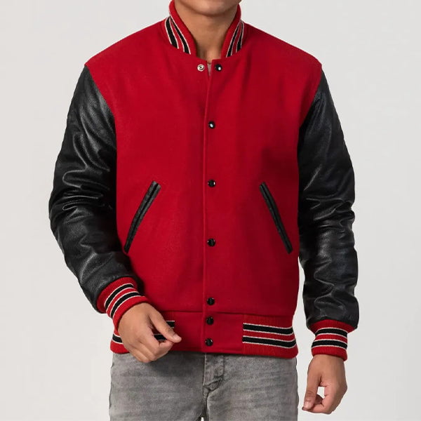 Red Wool Varsity Jacket with Black Leather Sleeves