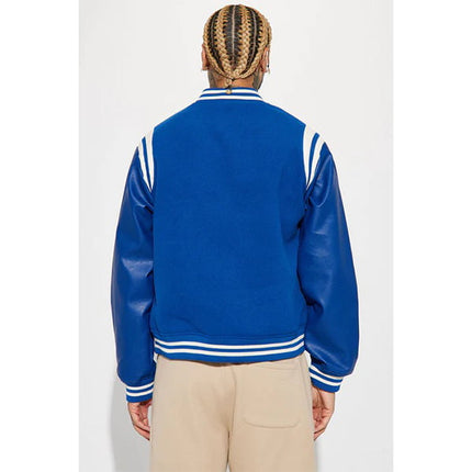 Blue Retro Varsity Jacket Leather Sleeves with Shoulder Stripes