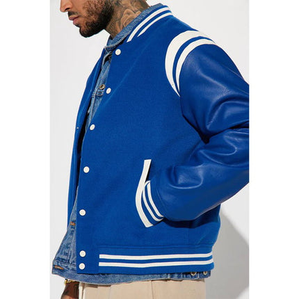 Blue Retro Varsity Jacket Leather Sleeves with Shoulder Stripes