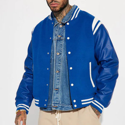 Blue Retro Varsity Jacket Leather Sleeves with Shoulder Stripes