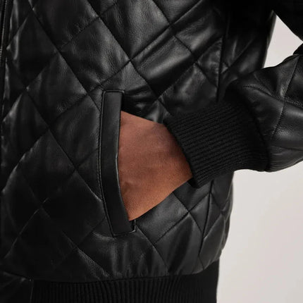 Men's Black Hooded Quilted Leather Jacket