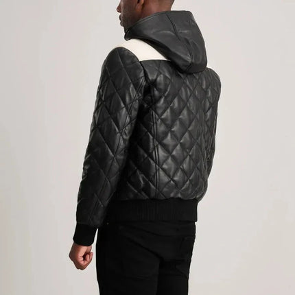 Men's Black Hooded Quilted Leather Jacket