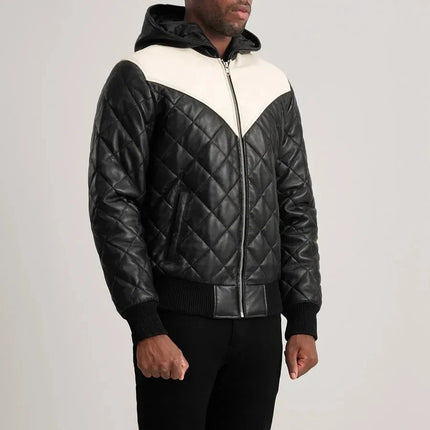 Men's Black Hooded Quilted Leather Jacket