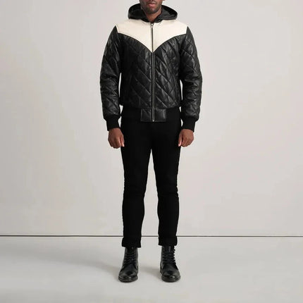 Men's Black Hooded Quilted Leather Jacket