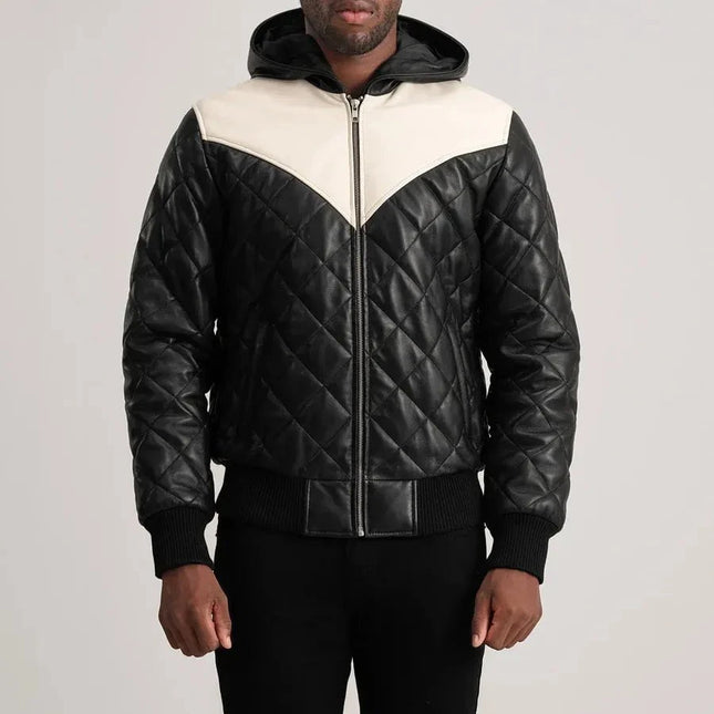Men's Black Hooded Quilted Leather Jacket